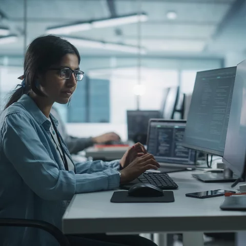 A technical asset manager on the phone at his desk
